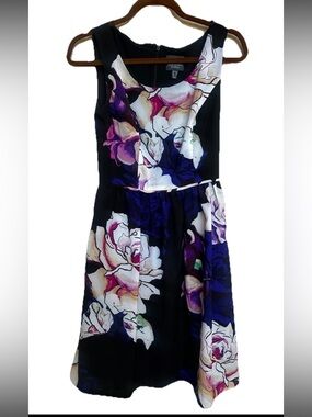 NWOT Adrianna Papell Black Purple Floral Fit & Flare Wedding Guest Dress Sz 2